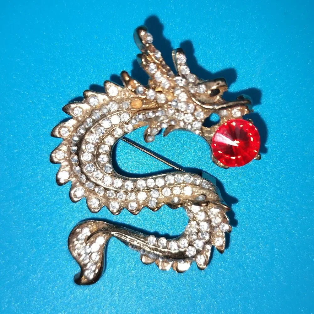 Sparkling Gold Tone Dragon Brooch Pin Red Crystal Ball Clear Rhinestones Fashion